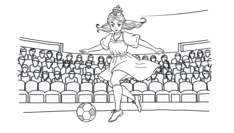 Dessin en noir et blanc d'une jeune femme princesse portant une couronne, une robe, des chaussettes montantes et des chaussures de sport, frappant un ballon de football dans un stade rempli de spectateurs stylisés.