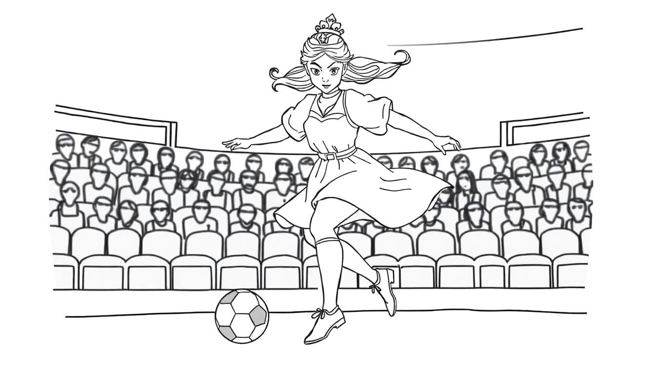 Dessin en noir et blanc d'une jeune femme princesse portant une couronne, une robe, des chaussettes montantes et des chaussures de sport, frappant un ballon de football dans un stade rempli de spectateurs stylisés.
