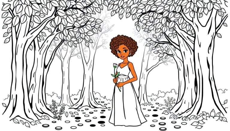 Coloriage d'une princesse métisse aux cheveux bouclés debout dans une forêt, tenant une fleur.