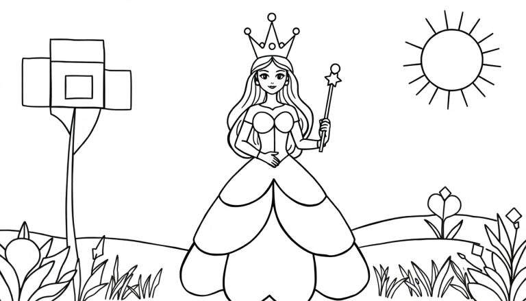 Dessin à colorier d'une princesse souriante avec une couronne et une baguette magique, un soleil et des fleurs en arrière-plan.