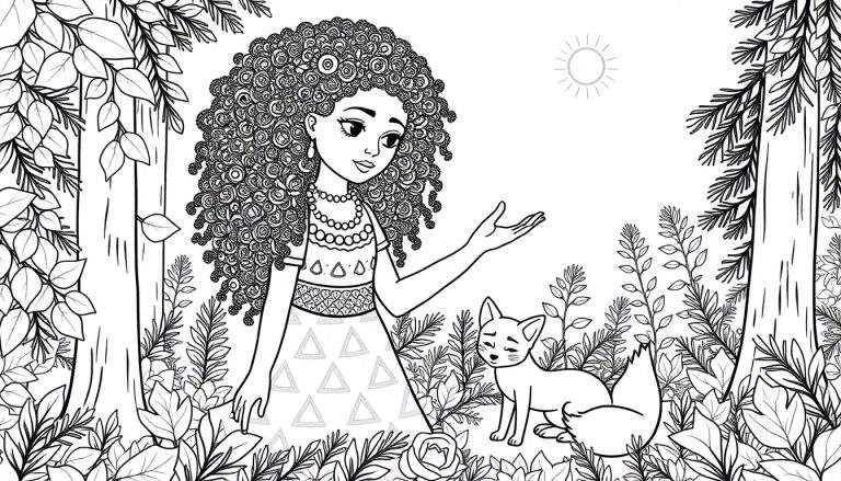 Coloriage d'une jeune fille métisse aux cheveux bouclés, portant une robe ornée, dans une forêt avec un renard, sous un soleil éclatant.
