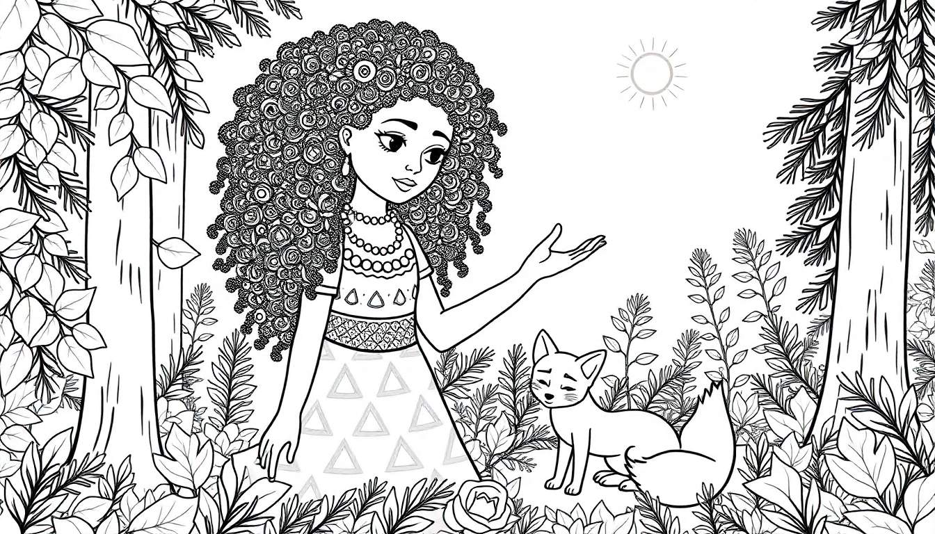 Coloriage d'une jeune fille métisse aux cheveux bouclés, portant une robe ornée, dans une forêt avec un renard, sous un soleil éclatant.