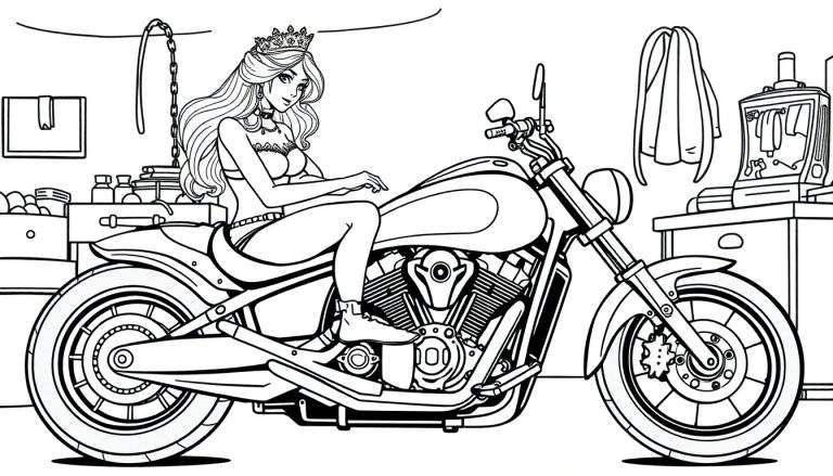 Dessin au trait pour coloriage : une princesse portant une couronne est assise sur une moto de type chopper dans un garage avec des étagères, un portant et une machine.