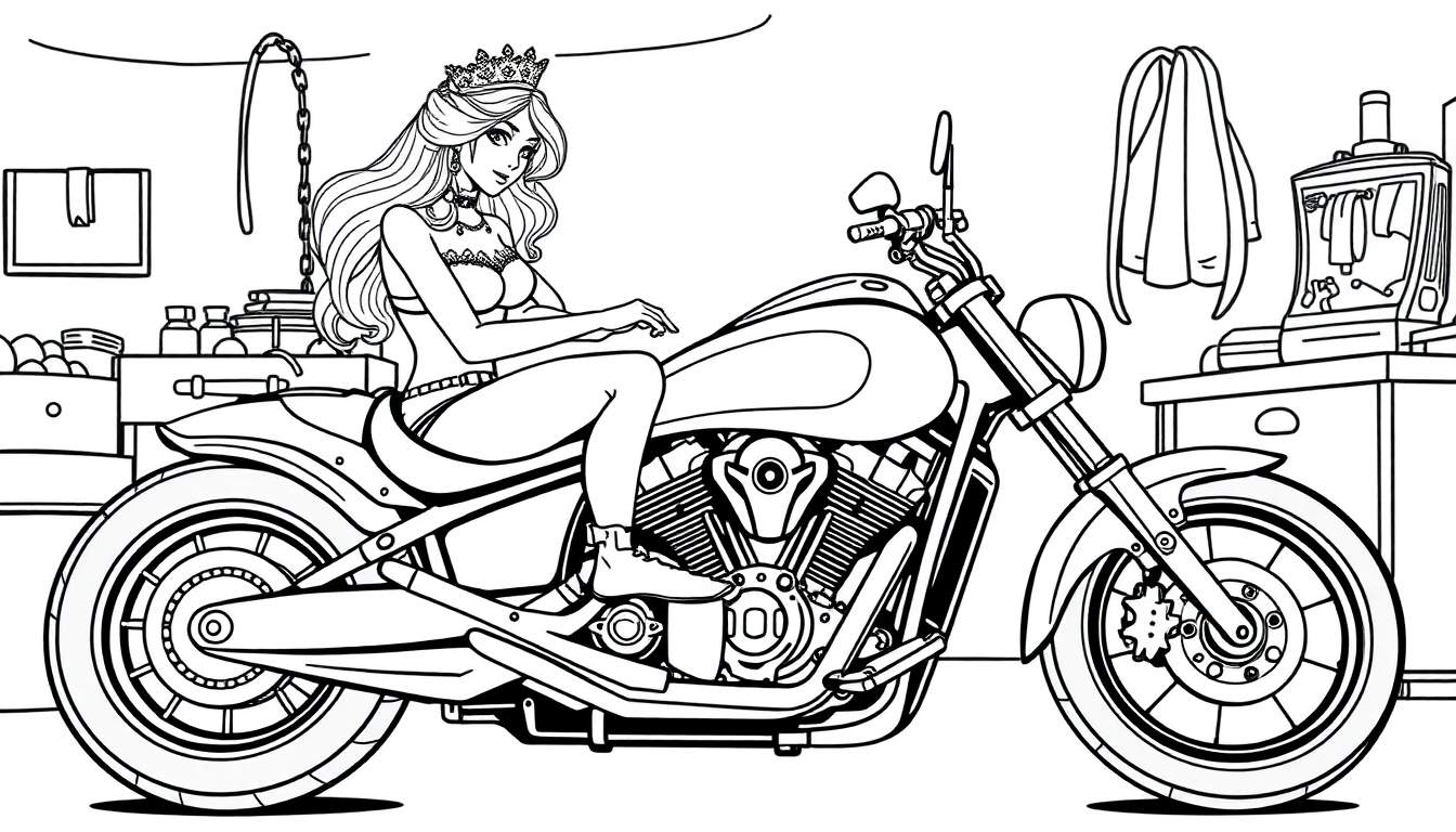 Dessin au trait pour coloriage : une princesse portant une couronne est assise sur une moto de type chopper dans un garage avec des étagères, un portant et une machine.