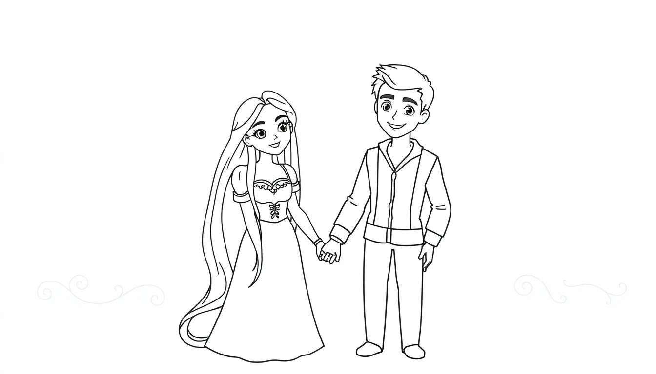Coloriage d'une jeune fille ressemblant à Raiponce avec une robe de princesse tenant la main d'un jeune garçon souriant.