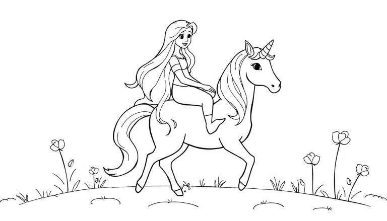 Coloriage d'une princesse aux longs cheveux sur le dos d'une licorne dans un champ de fleurs.