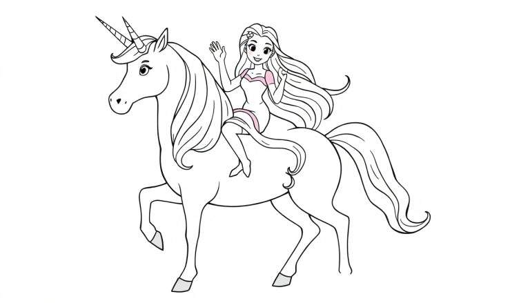 Coloriage d'une princesse aux longs cheveux ondulés, chevauchant une licorne magique. La princesse lève la main pour saluer.