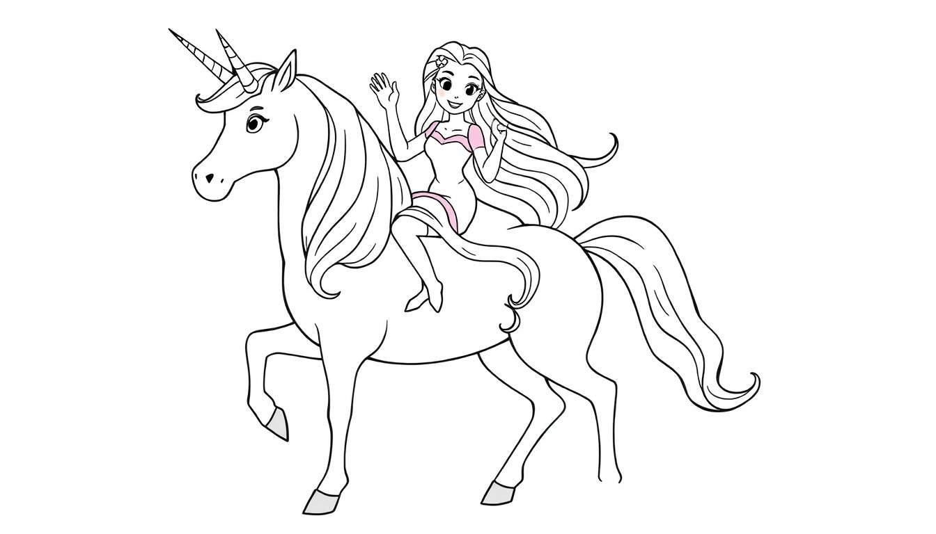 Coloriage d'une princesse aux longs cheveux ondulés, chevauchant une licorne magique. La princesse lève la main pour saluer.