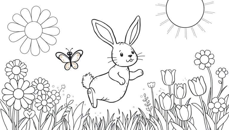 Coloriage d'un lapin joyeux sautant parmi des fleurs printanières, avec un papillon et un grand soleil.