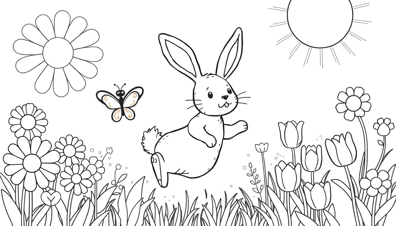Coloriage d'un lapin joyeux sautant parmi des fleurs printanières, avec un papillon et un grand soleil.
