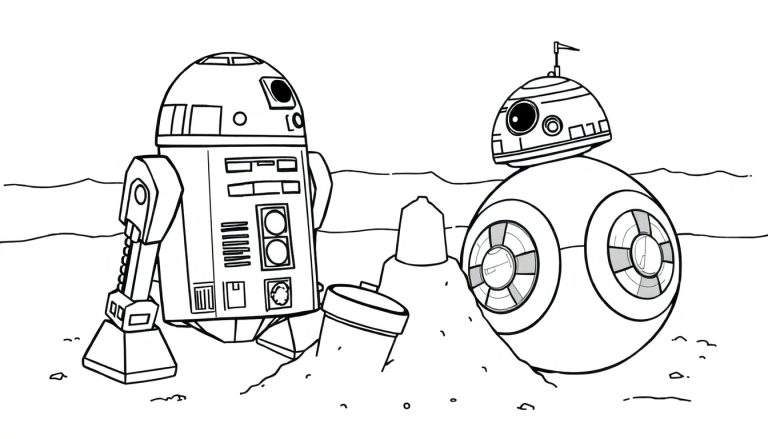 Dessin en noir et blanc de R2-D2 et BB-8 construisant des châteaux de sable sur une plage.
