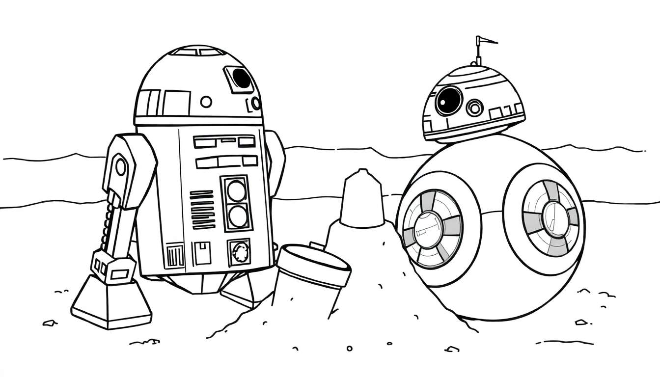 Dessin en noir et blanc de R2-D2 et BB-8 construisant des châteaux de sable sur une plage.