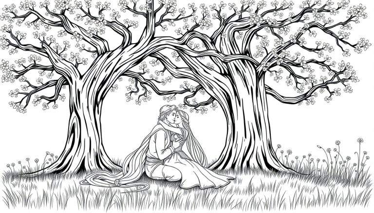 Coloriage Raiponce et son amoureux s'embrassant sous un arbre fleuri, avec des fleurs sauvages dans l'herbe.