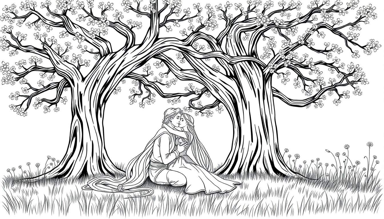 Coloriage Raiponce et son amoureux s'embrassant sous un arbre fleuri, avec des fleurs sauvages dans l'herbe.