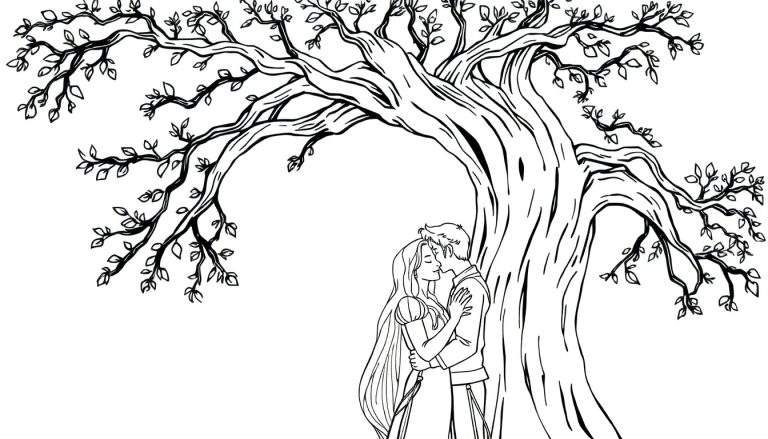 Coloriage de Raiponce et son amoureux s'embrassant sous un grand arbre avec de nombreuses branches et feuilles.