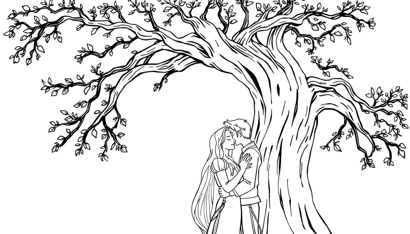 Coloriage de Raiponce et son amoureux s'embrassant sous un grand arbre avec de nombreuses branches et feuilles.