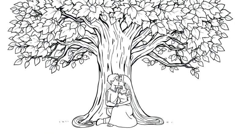 Coloriage d'un grand arbre de style dessin animé avec un couple s'embrassant sous ses branches.