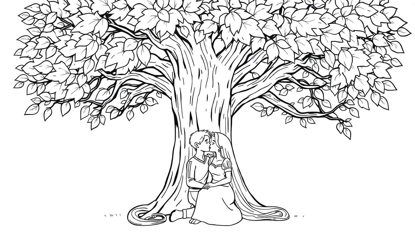 Coloriage d'un grand arbre de style dessin animé avec un couple s'embrassant sous ses branches.