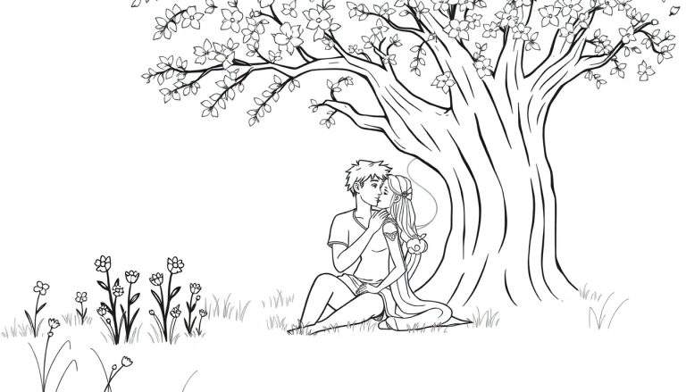 Coloriage de Raiponce et Flynn Rider s'embrassant sous un arbre fleuri