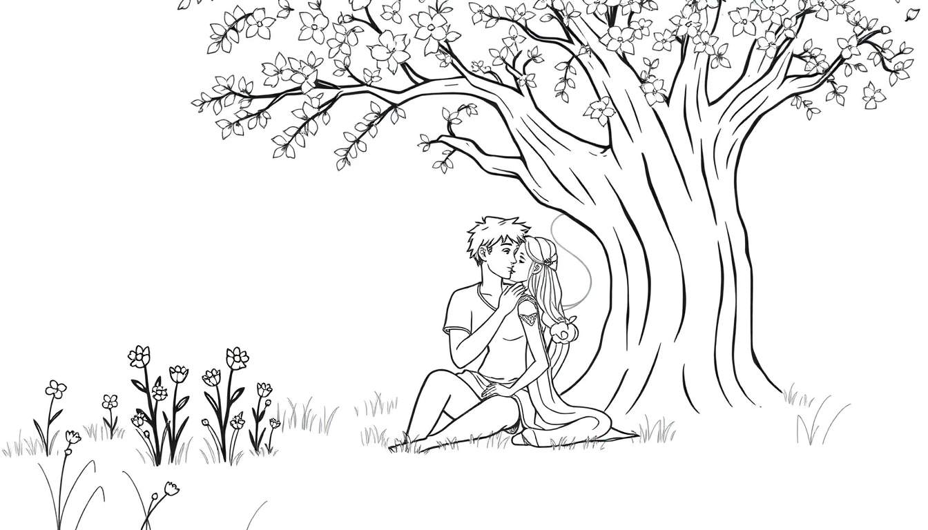 Coloriage de Raiponce et Flynn Rider s'embrassant sous un arbre fleuri