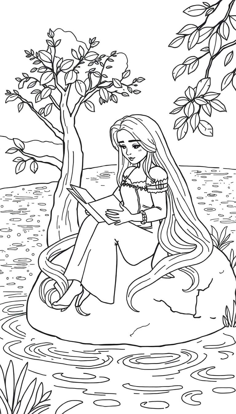 Coloriage d'une jeune fille aux longs cheveux, similaire à Raiponce, assise sur un rocher dans un étang, lisant un livre.