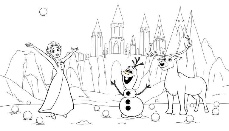 Coloriage de la Reine des Neiges avec Elsa, Olaf et Sven dans un paysage enneigé avec un château