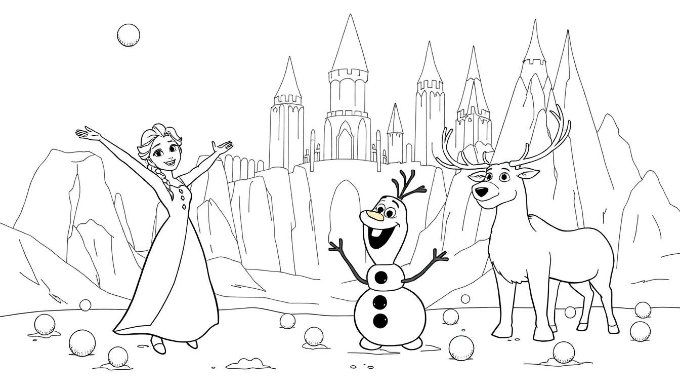 Coloriage de la Reine des Neiges avec Elsa, Olaf et Sven dans un paysage enneigé avec un château