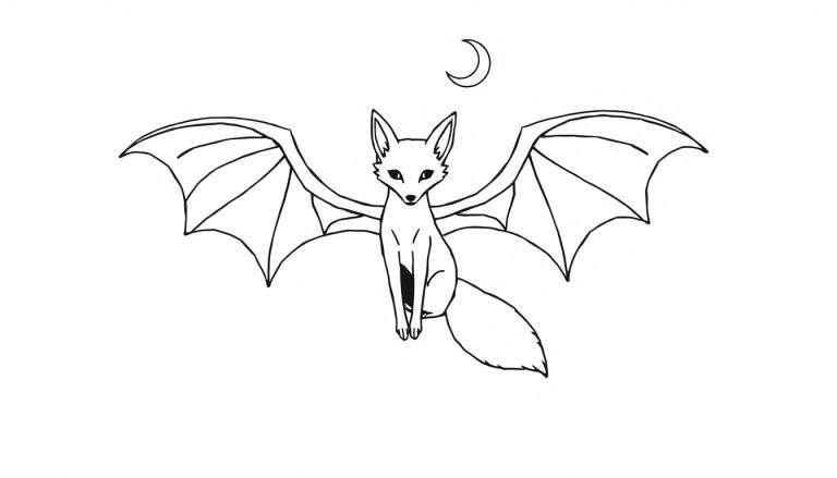 Coloriage d'un renard avec de grandes ailes de chauve-souris déployées, assis, avec une lune en croissant au-dessus de sa tête.