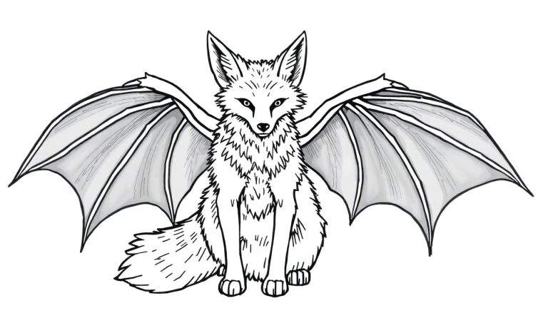 Dessin en noir et blanc d'un renard assis avec des ailes de chauve-souris déployées.