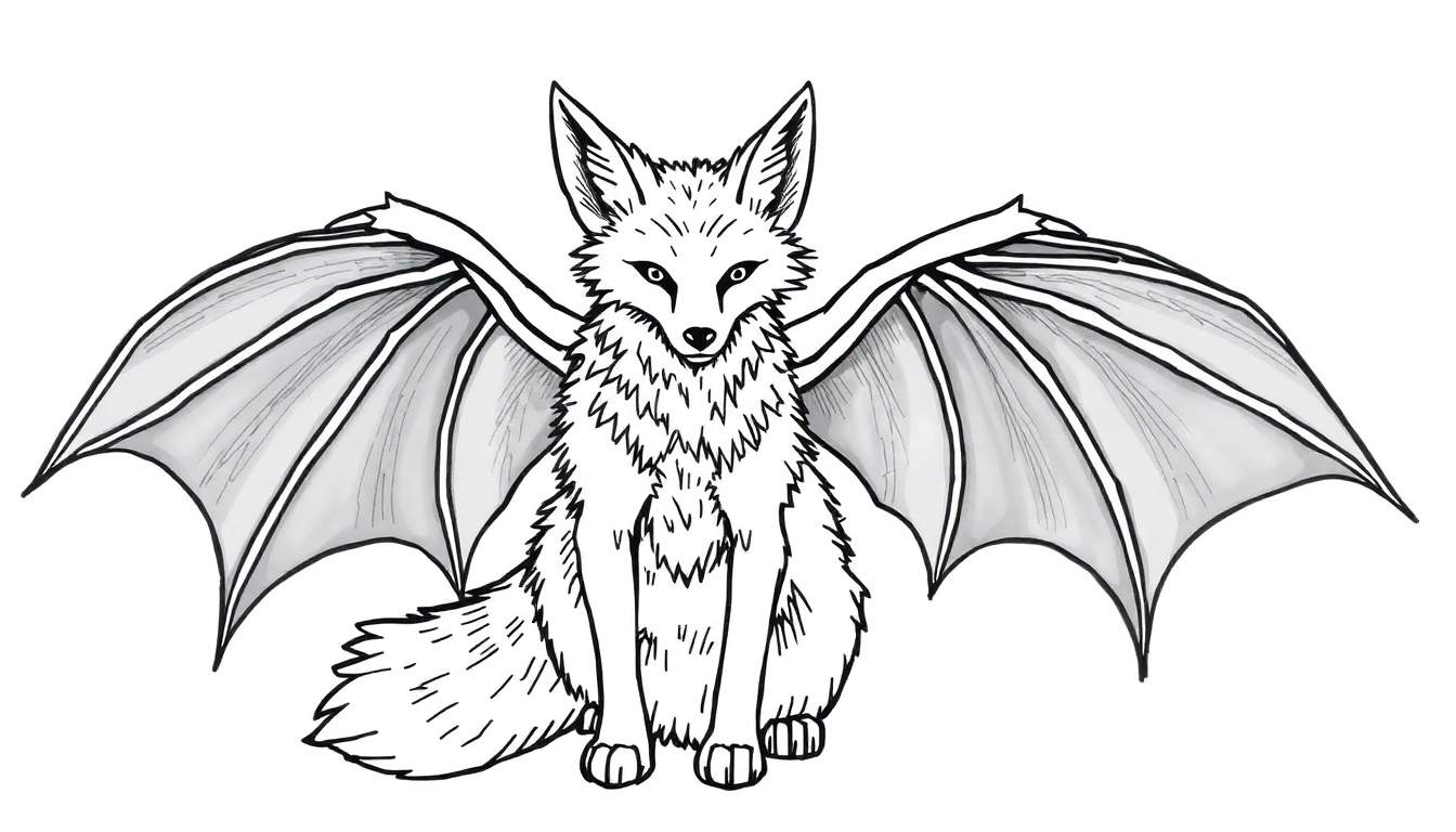 Dessin en noir et blanc d'un renard assis avec des ailes de chauve-souris déployées.