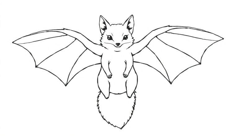 Dessin au trait d'un renard avec des ailes de chauve-souris, assis avec ses ailes déployées, prêt à être colorié.