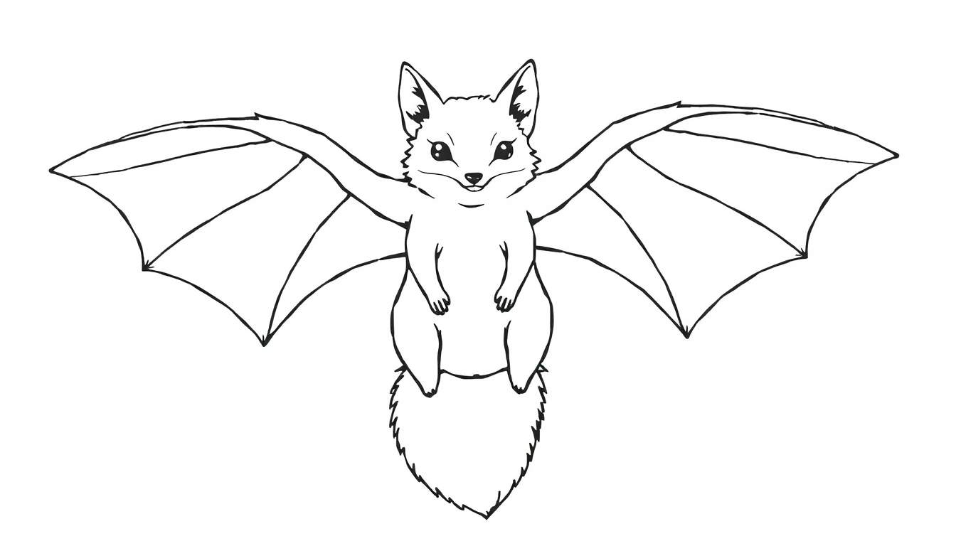 Dessin au trait d'un renard avec des ailes de chauve-souris, assis avec ses ailes déployées, prêt à être colorié.