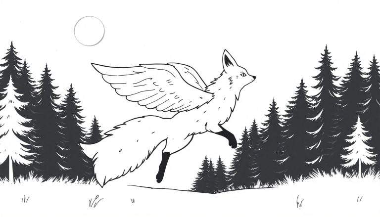 Coloriage d'une renarde volante avec des ailes, sur fond de forêt de sapins et de ciel nocturne avec une lune.