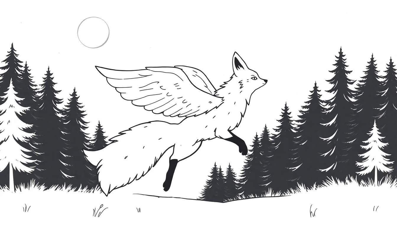 Coloriage d'une renarde volante avec des ailes, sur fond de forêt de sapins et de ciel nocturne avec une lune.