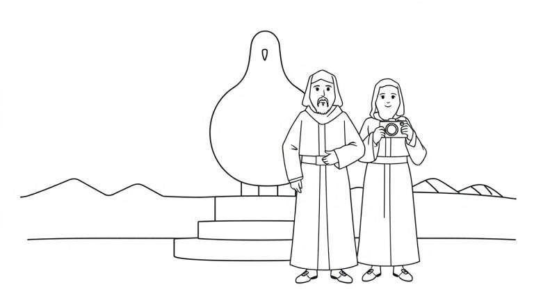 Dessin au trait noir et blanc de deux personnes, un homme et une femme, se tenant sur des marches devant une grande silhouette d'oiseau ensoleillé. L'homme porte une robe et la femme tient un appareil photo et sourit. Des montagnes ondulées sont visibles à l'arrière-plan.