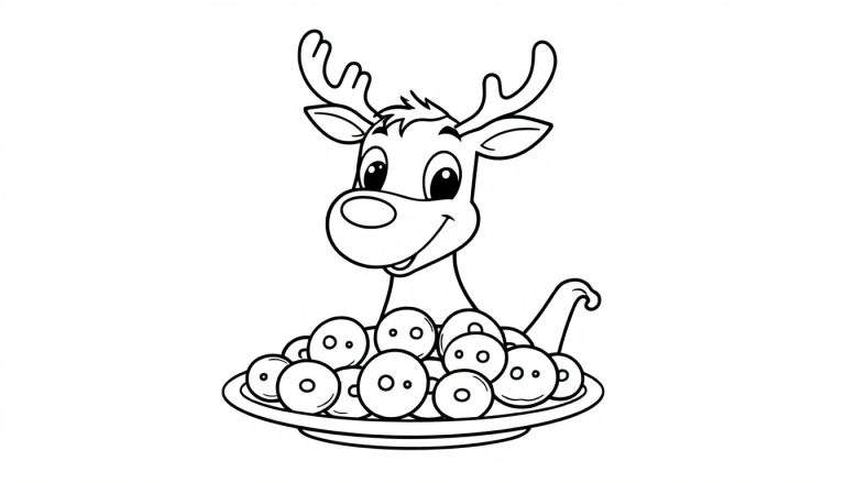 Coloriage d'un renne souriant dans une assiette remplie de baies.
