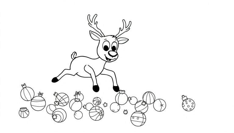 Coloriage d'un renne de dessin animé joyeux sautant au milieu d'ornements de Noël variés, prêt à être colorié.