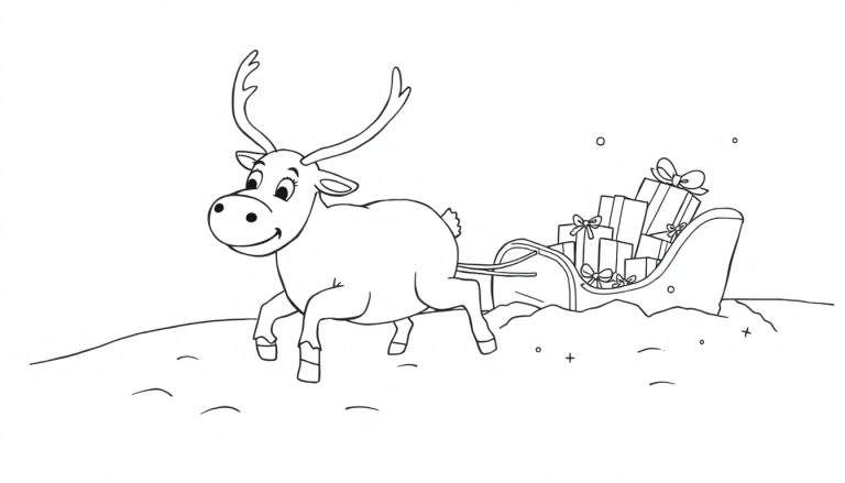 Coloriage d'un renne joyeux tirant un traîneau plein de cadeaux sur un fond blanc.