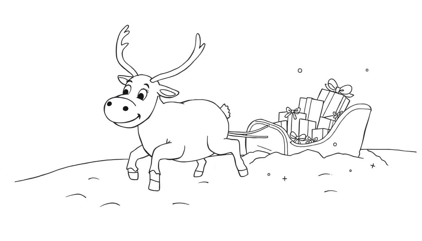 Coloriage d'un renne joyeux tirant un traîneau plein de cadeaux sur un fond blanc.