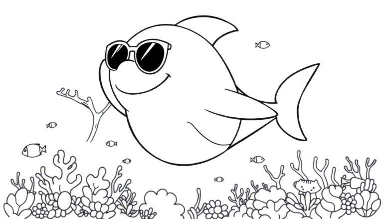 Dessin au trait d'un requin souriant portant des lunettes de soleil, entouré de coraux et de petits poissons dans l'océan, prêt à être colorisé.