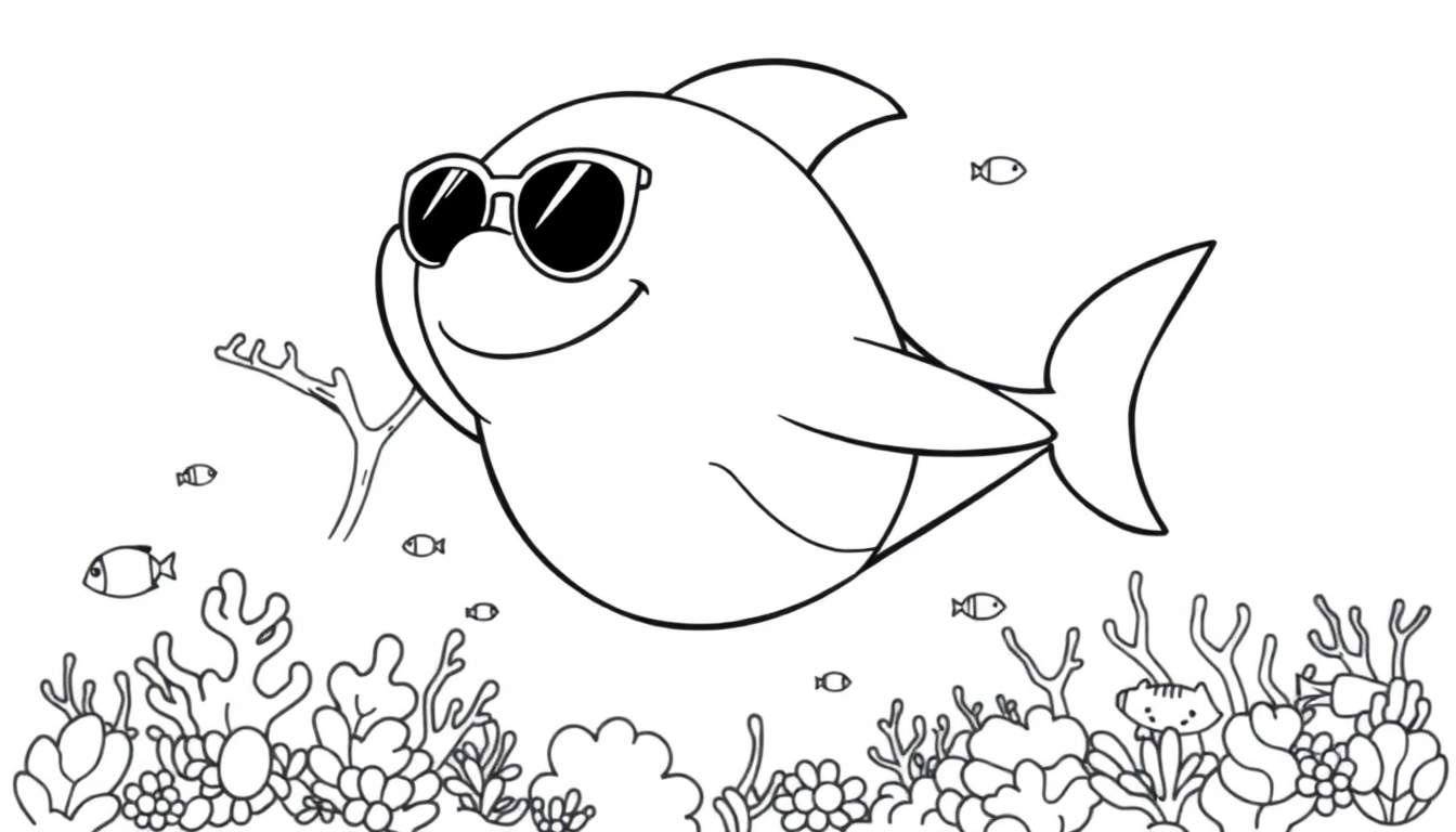 Dessin au trait d'un requin souriant portant des lunettes de soleil, entouré de coraux et de petits poissons dans l'océan, prêt à être colorisé.
