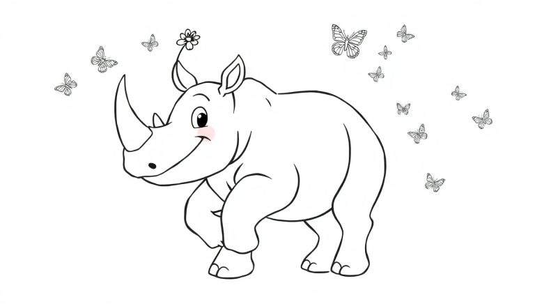 Coloriage d'un rhinocéros amical avec une fleur sur la tête, entouré de papillons.