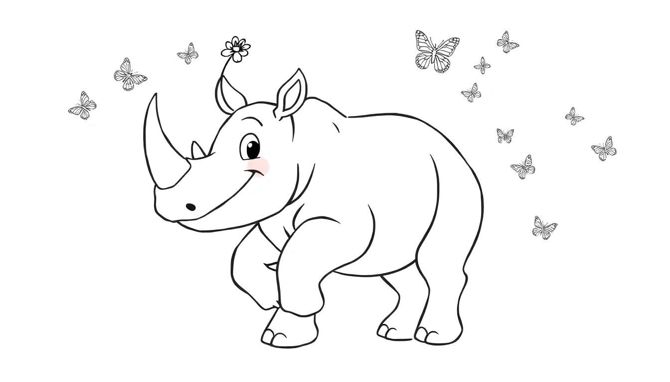 Coloriage d'un rhinocéros amical avec une fleur sur la tête, entouré de papillons.