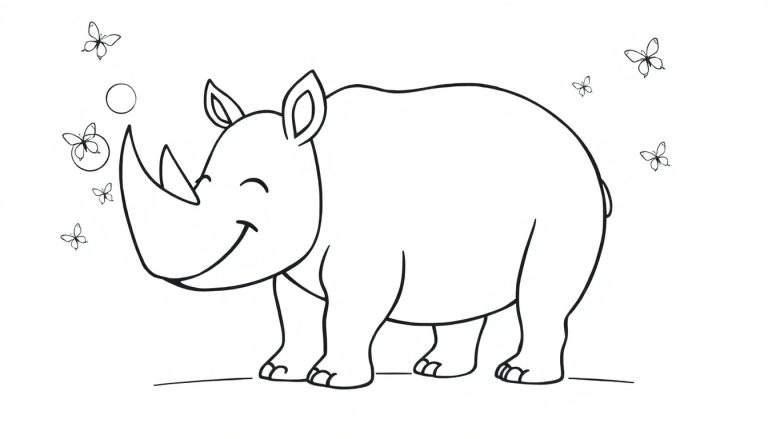 Coloriage d'un rhinocéros souriant de dessin animé entouré de papillons.