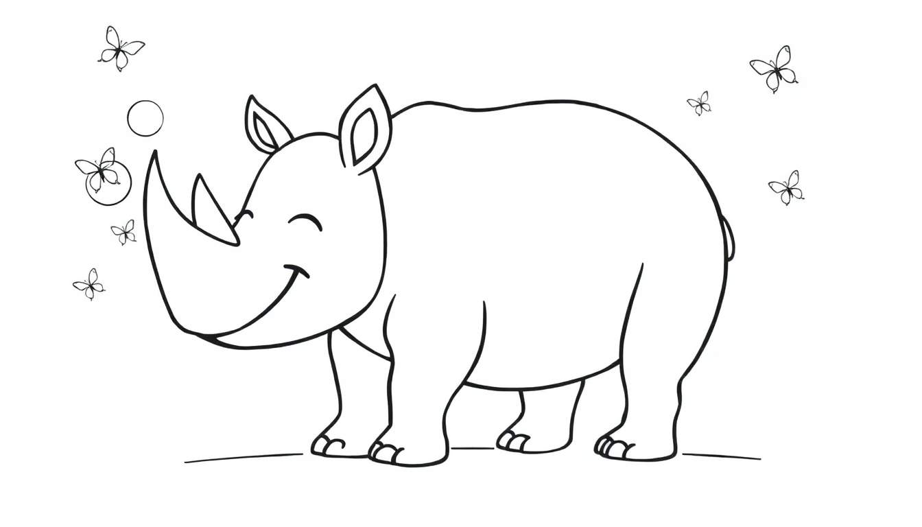Coloriage d'un rhinocéros souriant de dessin animé entouré de papillons.