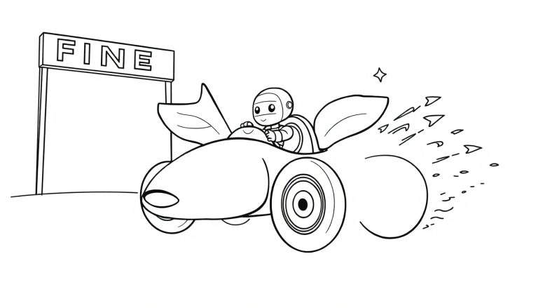 Dessin au trait d'un robot conduisant une voiture de course avec des ailes et des effets de vitesse, devant une arche 'FIN'.