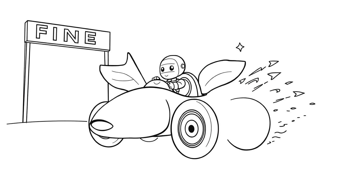 Dessin au trait d'un robot conduisant une voiture de course avec des ailes et des effets de vitesse, devant une arche 'FIN'.