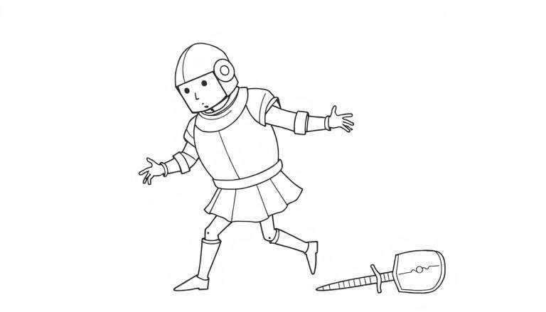 Coloriage d'un robot vintage en pleine action, bras levé et jambe en avant, une arme au sol.