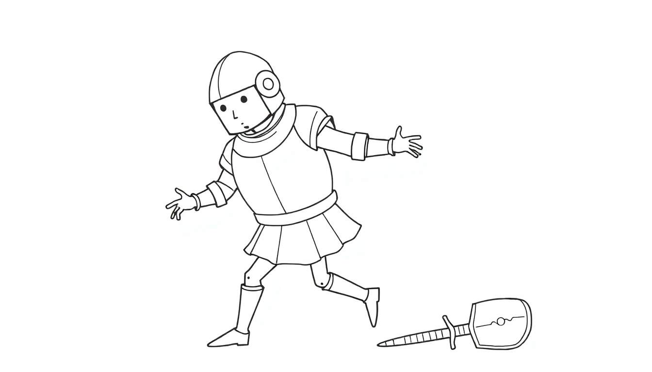 Coloriage d'un robot vintage en pleine action, bras levé et jambe en avant, une arme au sol.
