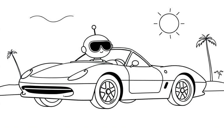 Dessin au trait d'un robot conduisant une voiture décapotable, portant des lunettes de soleil, dans un décor tropical avec un palmier, la mer et le soleil.